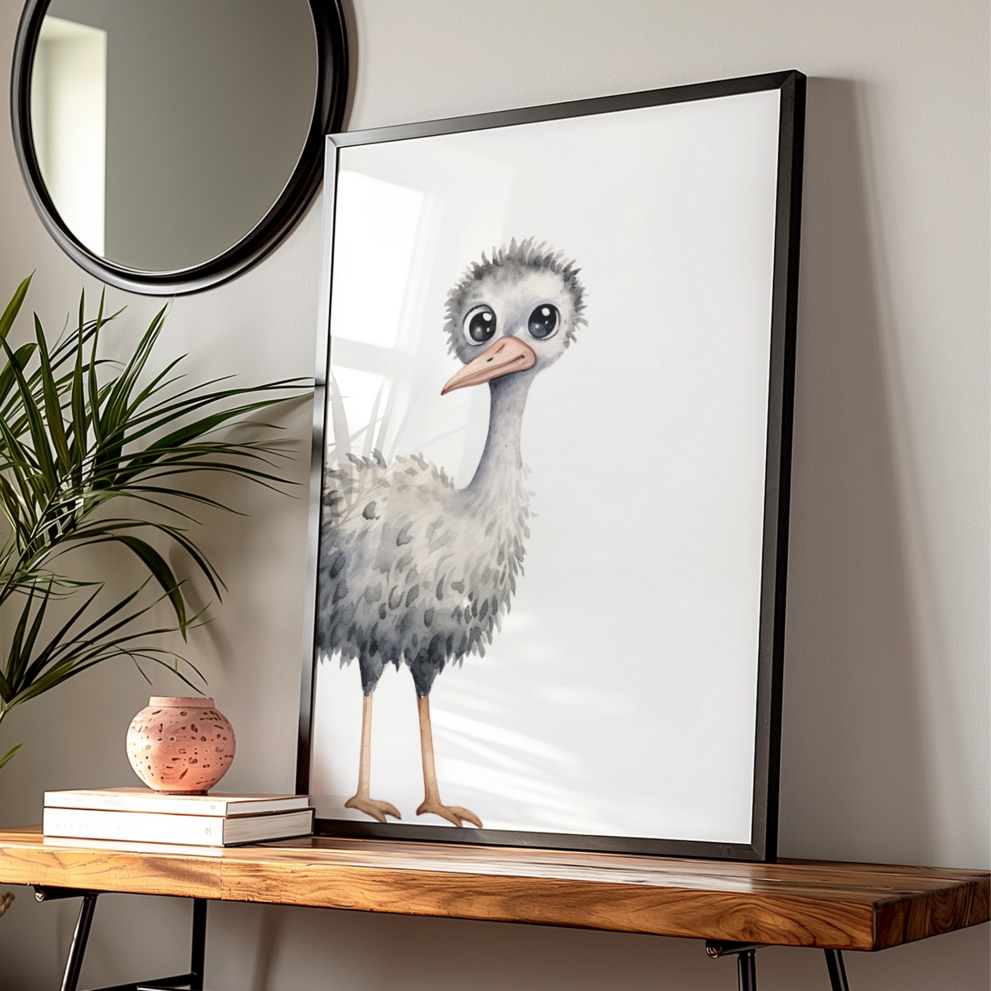 Baby Ostrich Nursery Wall Art, Cute Watercolour Bird Print, Children's Animal Poster