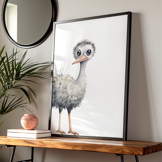 Baby Ostrich Nursery Wall Art, Cute Watercolour Bird Print, Children's Animal Poster