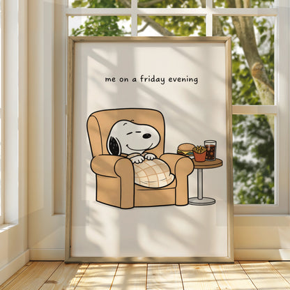 Relaxing Dog Cartoon Poster, Funny Friday Night Wall Art, Quirky Print for Living Room