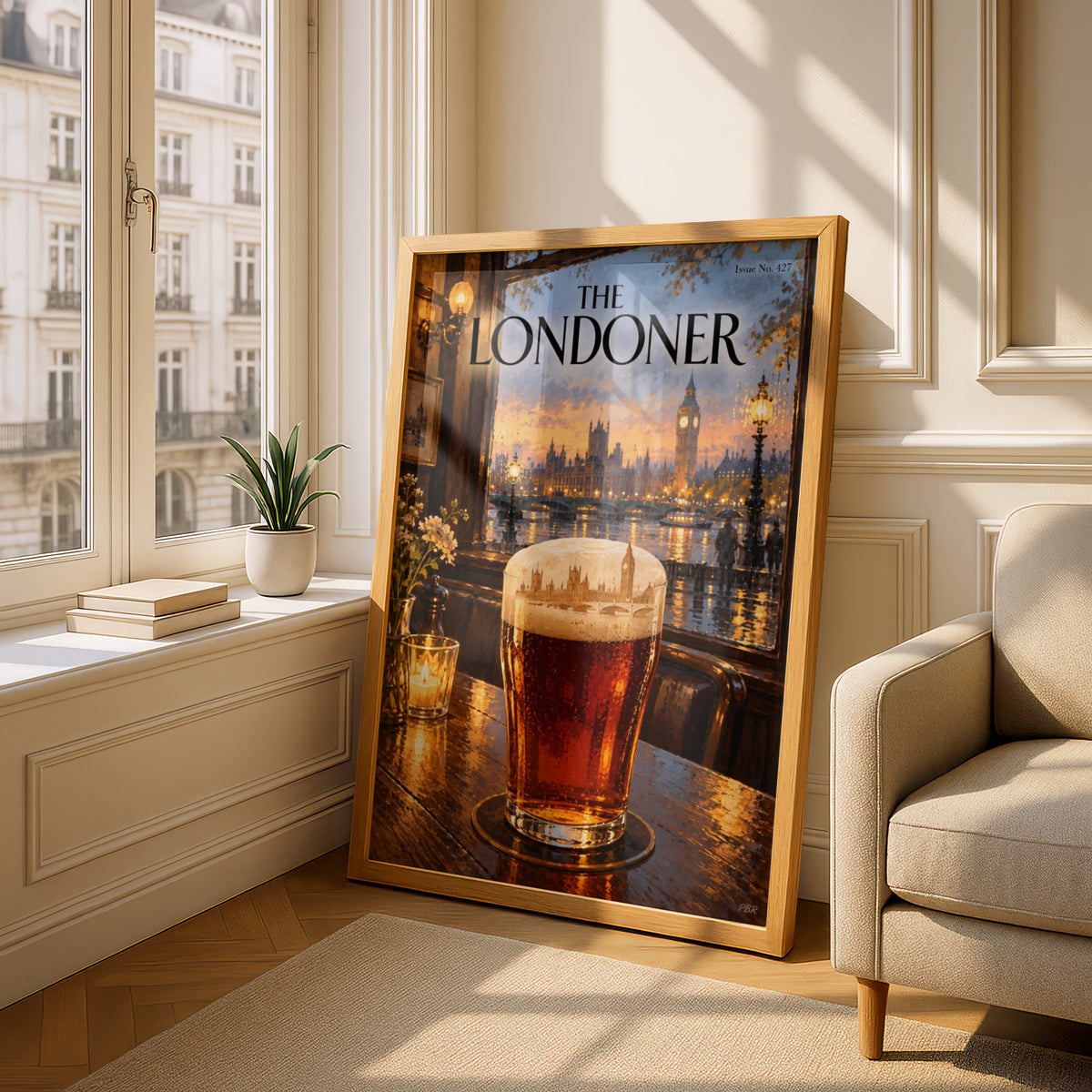 The Londoner Magazine Cover Poster, London Pub Pint at Sunset, Big Ben Wall Art, Pub Decor Print