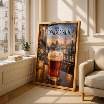 The Londoner Magazine Cover Poster, London Pub Pint at Sunset, Big Ben Wall Art, Pub Decor Print