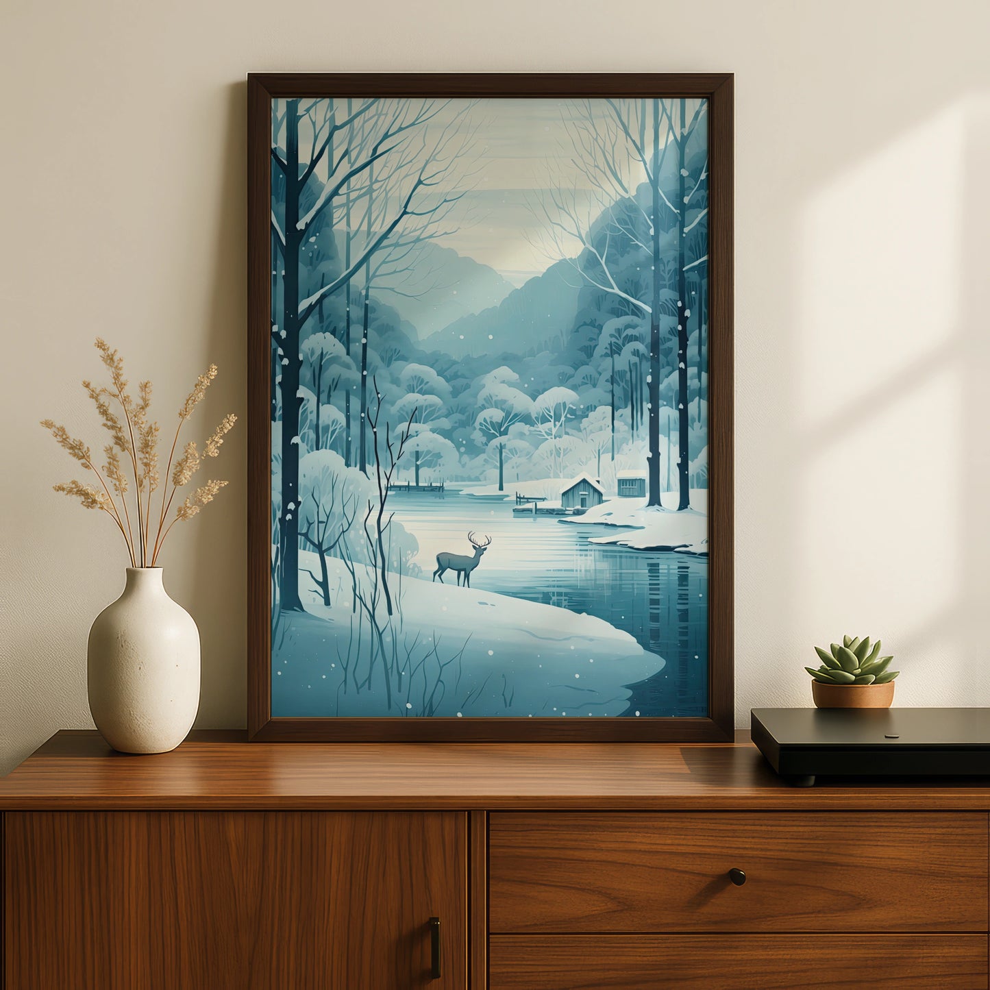 Christmas Winter Deer Poster, Snowy Forest Lake Scene, Blue Festive Wall Art Print