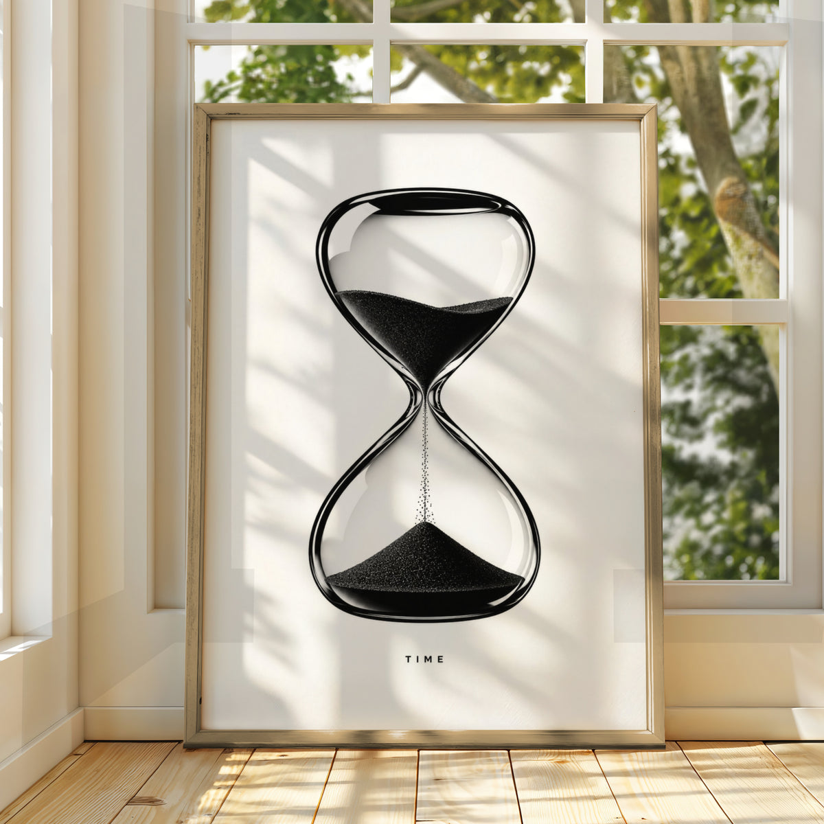 Hourglass Time Typography Print, Monochrome Wall Art, Black and White Minimalist Poster