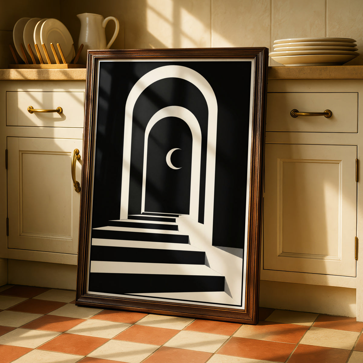 Arch Stairway Crescent Moon Print, Monochrome Wall Art, Minimalist Black White Poster