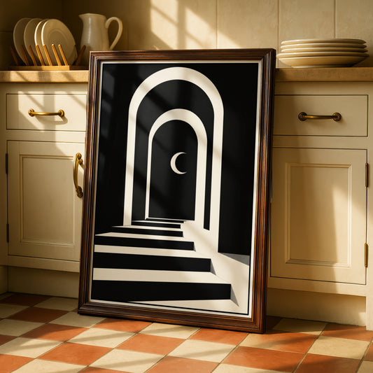 Arch Stairway Crescent Moon Print, Monochrome Wall Art, Minimalist Black White Poster