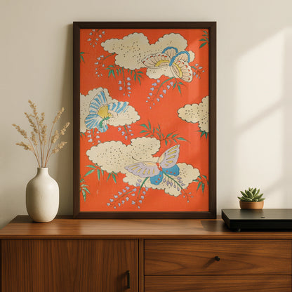 Japanese Butterfly Wall Art, Vintage Woodblock Print, Floral Japandi Poster, Orange Botanical – A5 Black frame