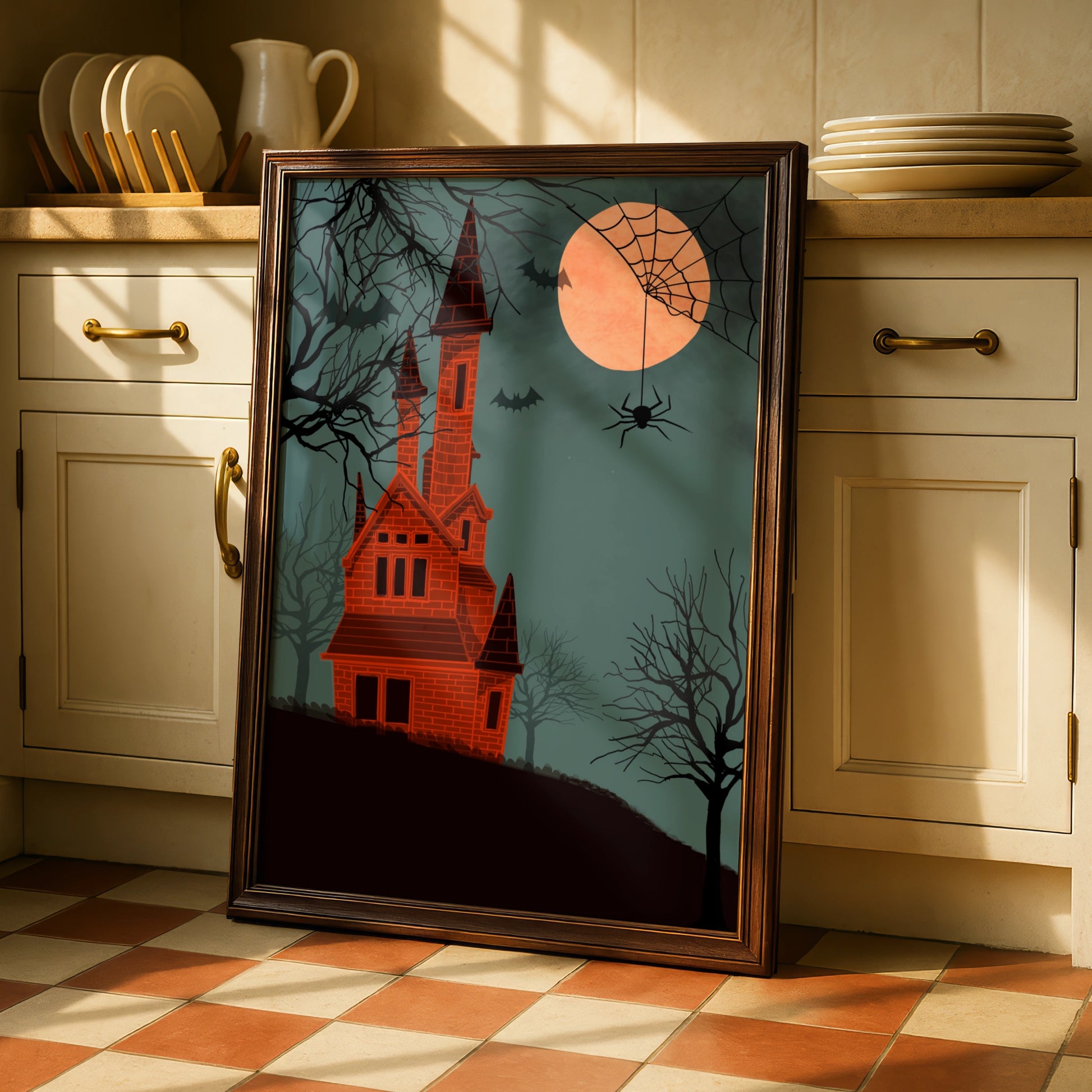 Halloween Haunted Castle Poster, Spooky House Wall Art, Bats Spider Moon Print