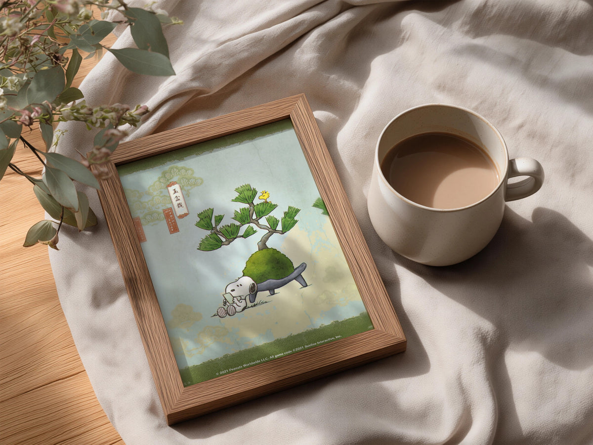 Japanese Bonsai Pine Poster, Cartoon Dog Wall Art, Powder Blue Kokedama Art Print for Bedroom