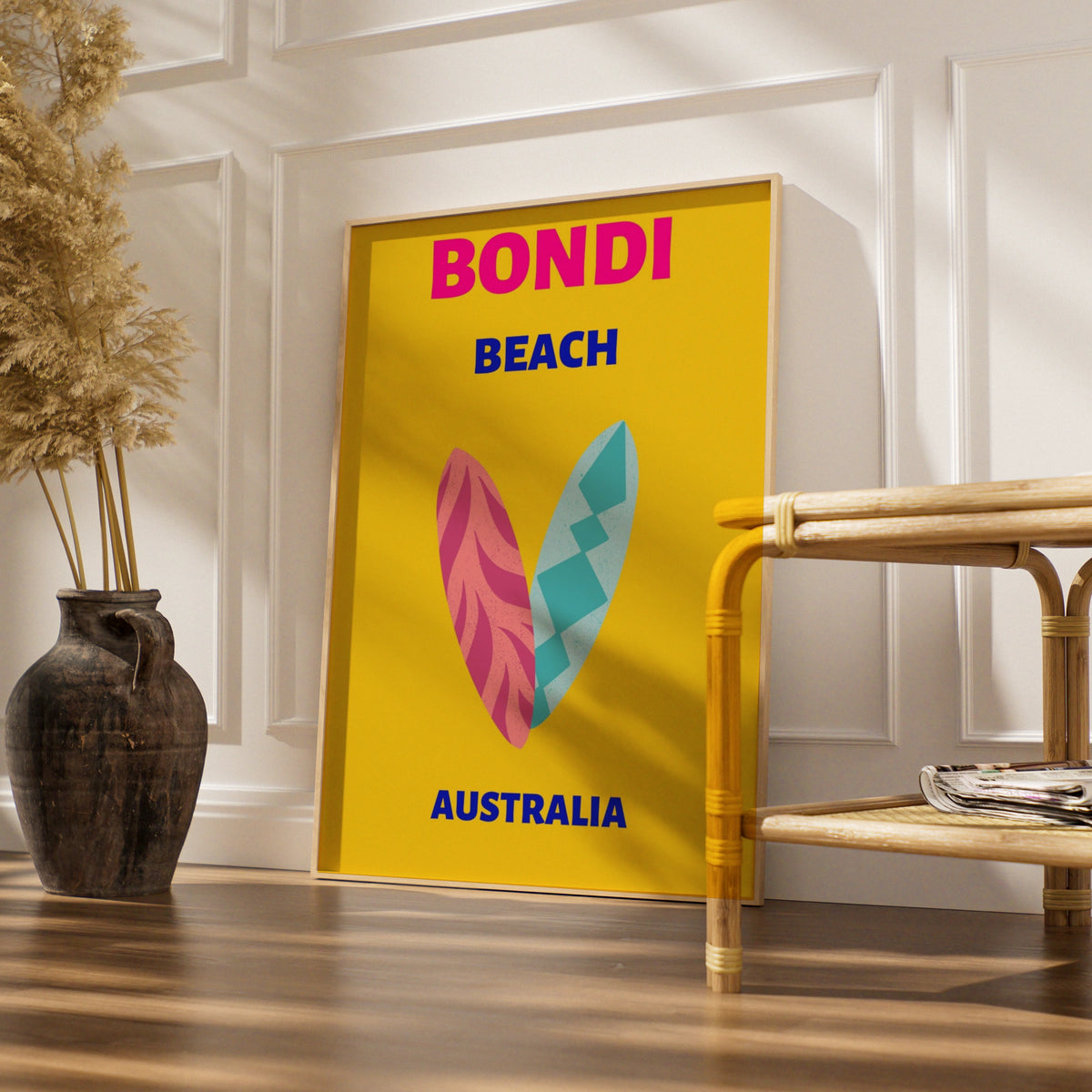 Bondi Beach Australia Travel Poster, Retro Surf Wall Art, Sydney Coastal Print