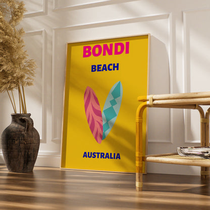 Bondi Beach Australia Travel Poster, Retro Surf Wall Art, Sydney Coastal Print