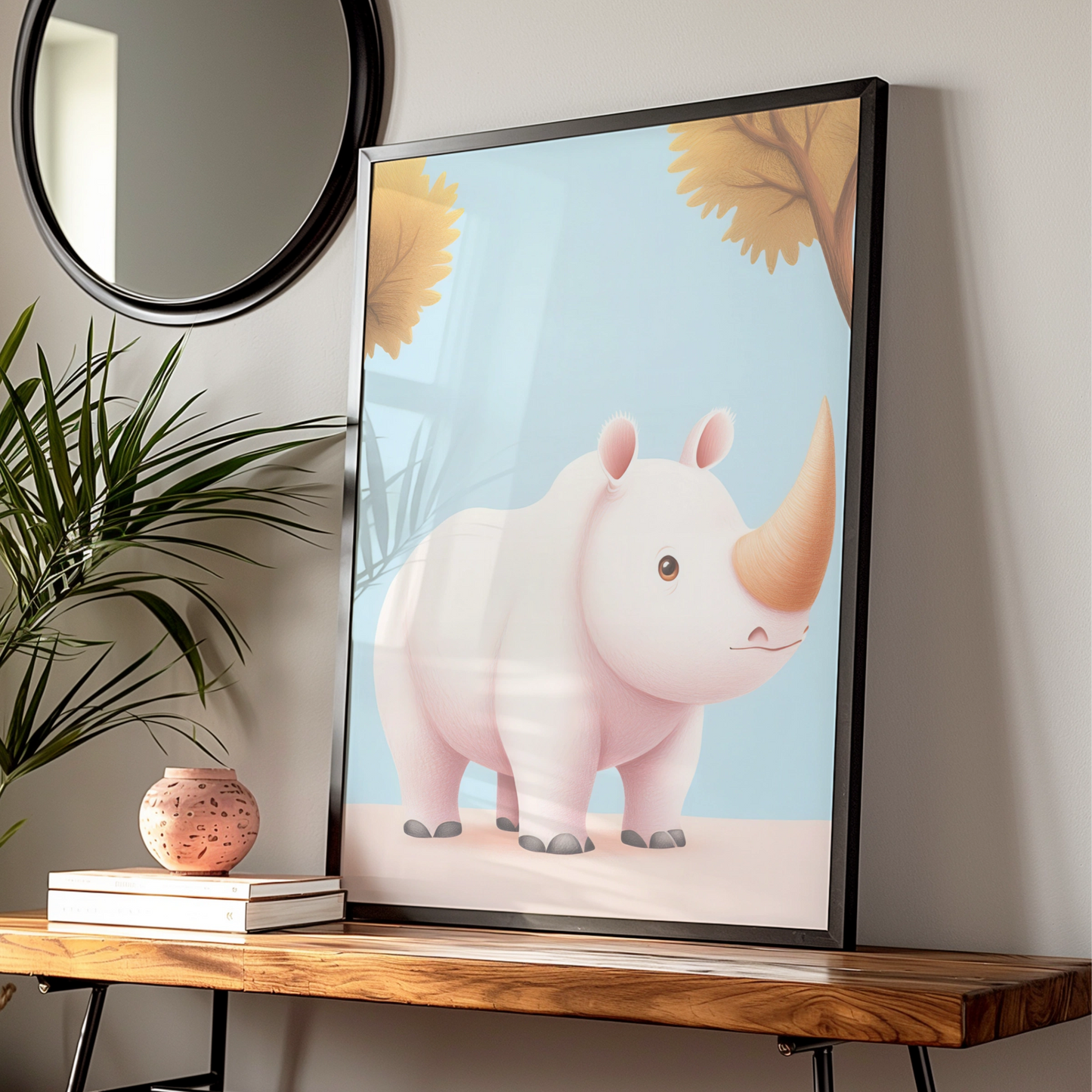 Cute Rhino Nursery Wall Art, Baby Animal Poster, Safari Kids Room Print, Blue