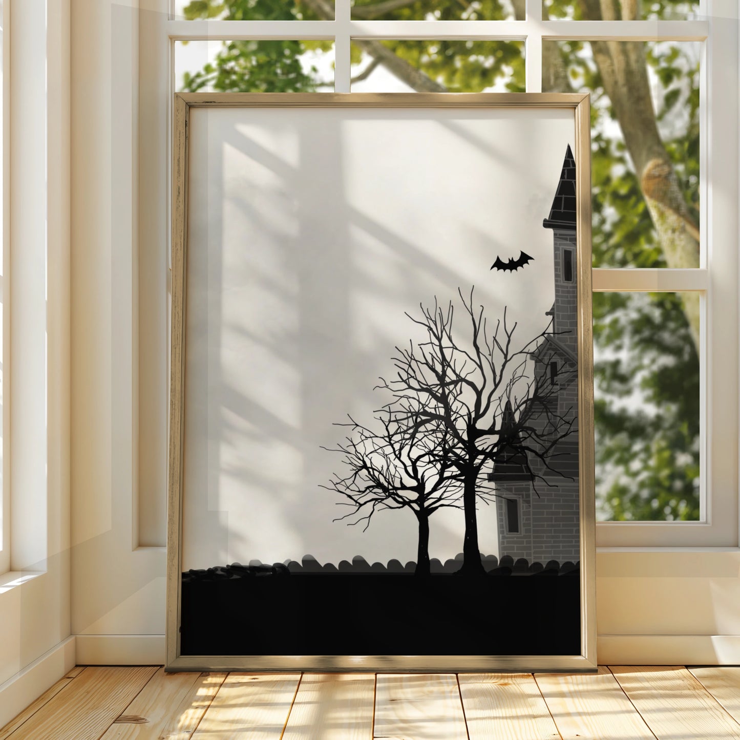 Haunted House Halloween Art Print, Spooky Castle Bats Moon Wall Poster, Gothic Halloween Decor