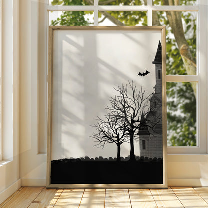 Haunted House Halloween Art Print, Spooky Castle Bats Moon Wall Poster, Gothic Halloween Decor