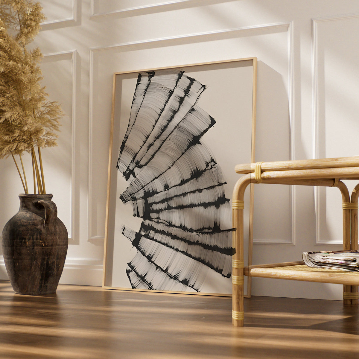 Abstract Brushstroke Fan Print, Monochrome Wall Art, Modern Black White Poster