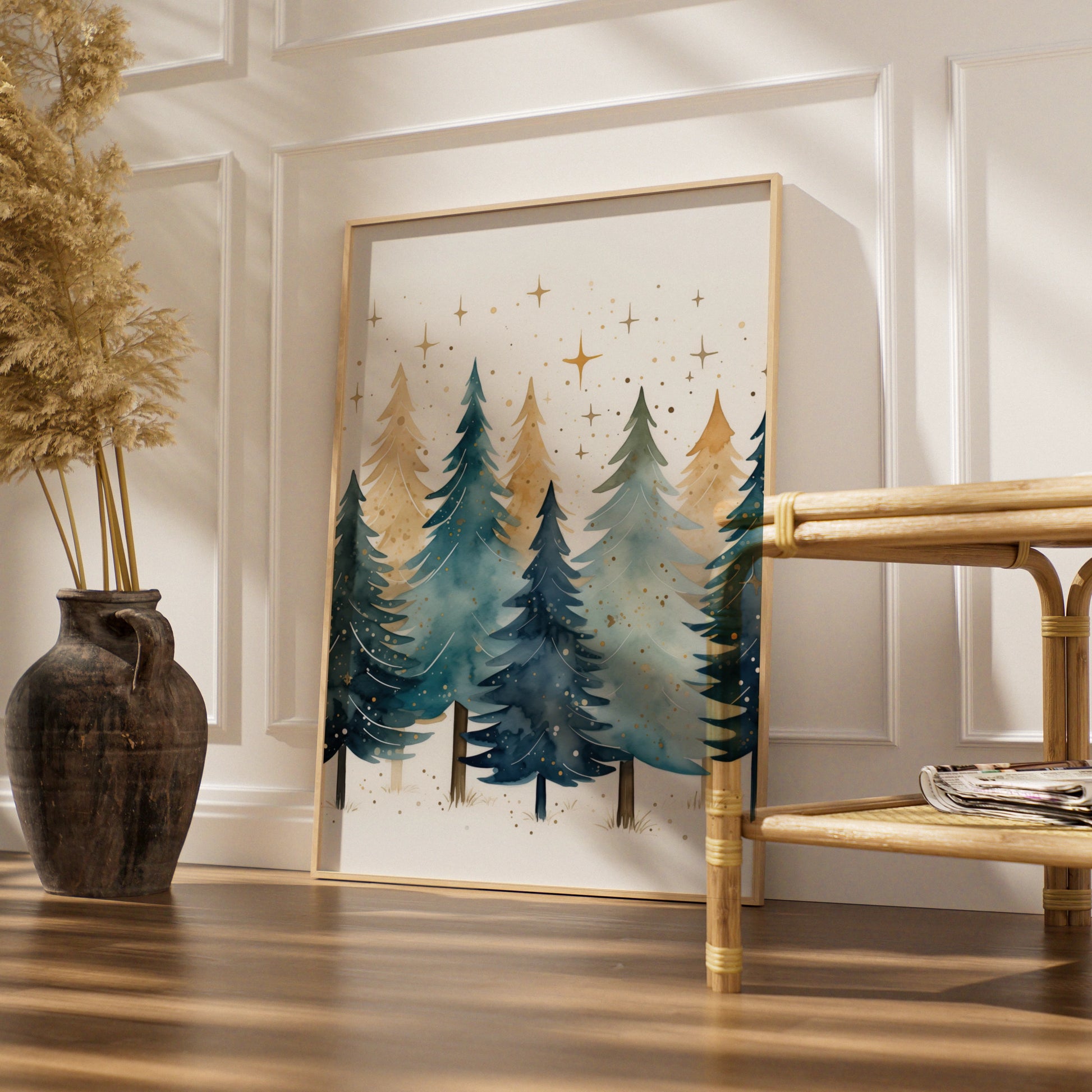 Christmas Tree Forest Poster, Watercolour Festive Wall Art, Teal Gold Xmas Print