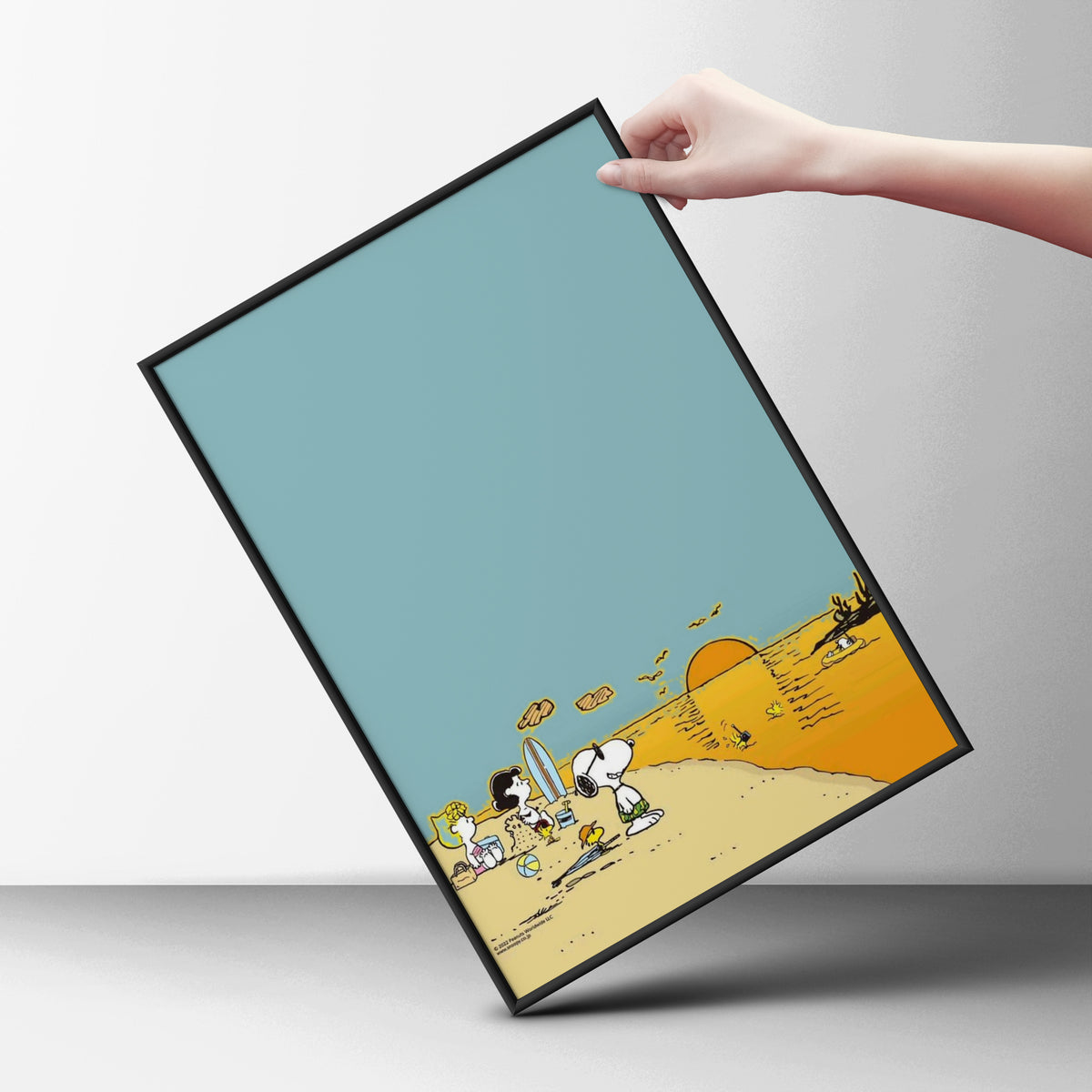Beach Sunset Cartoon Poster, Dusty Teal Sky, Golden Sea, Retro Kids Room Wall Art Print