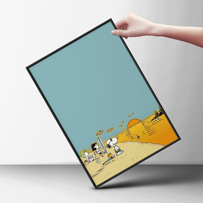Beach Sunset Cartoon Poster, Dusty Teal Sky, Golden Sea, Retro Kids Room Wall Art Print