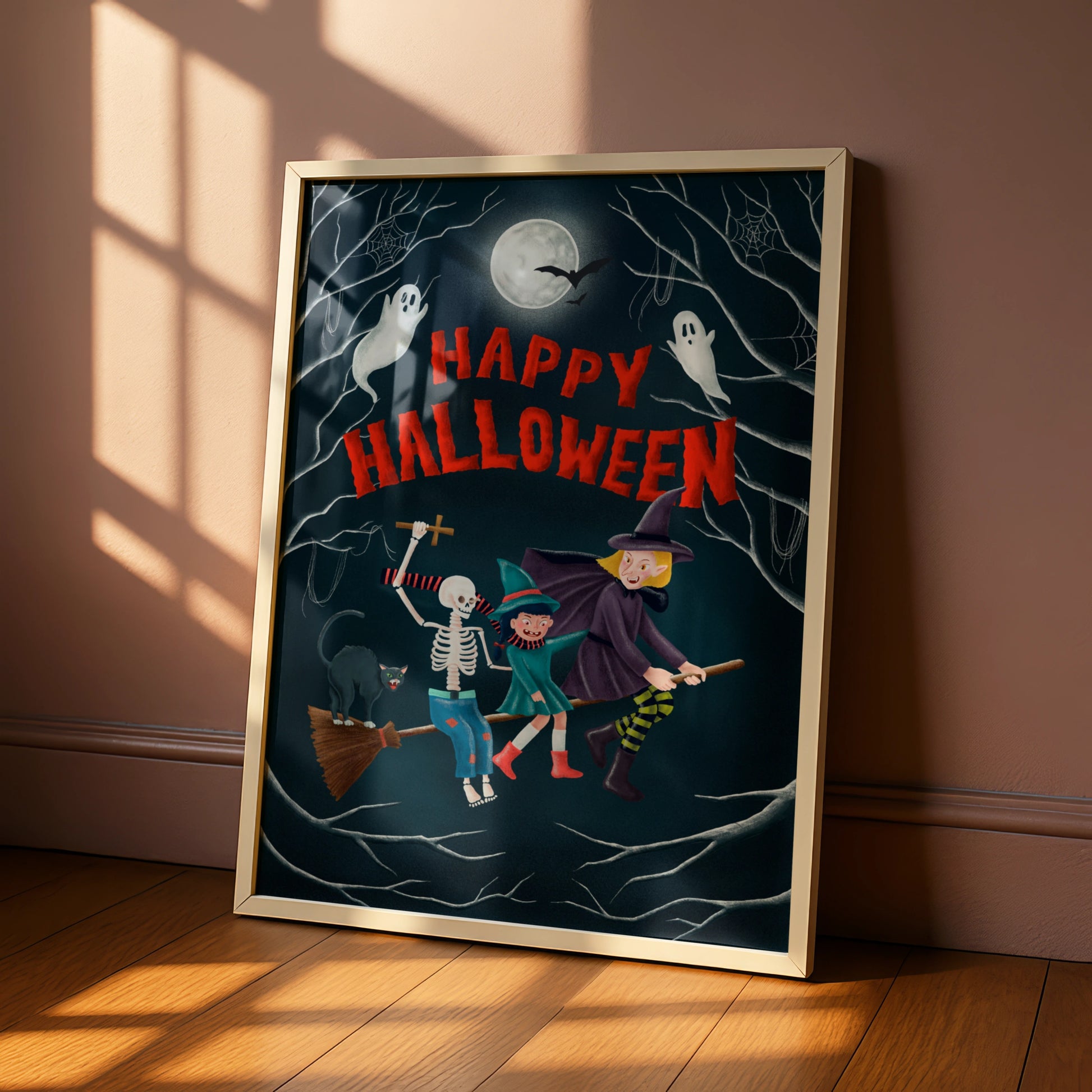 Happy Halloween Poster, Witch Skeleton Ghost Wall Art, Spooky Fun Halloween Print