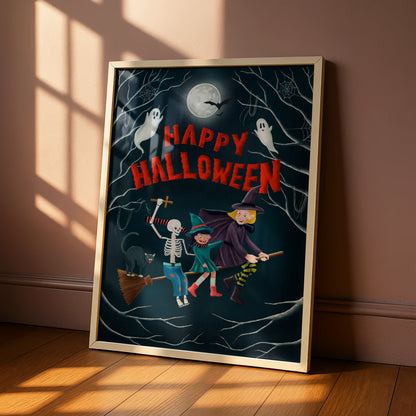 Happy Halloween Poster, Witch Skeleton Ghost Wall Art, Spooky Fun Halloween Print