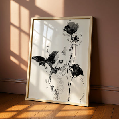 Cat Butterfly Floral Monochrome Wall Art, Black and White Poster, Minimalist Print