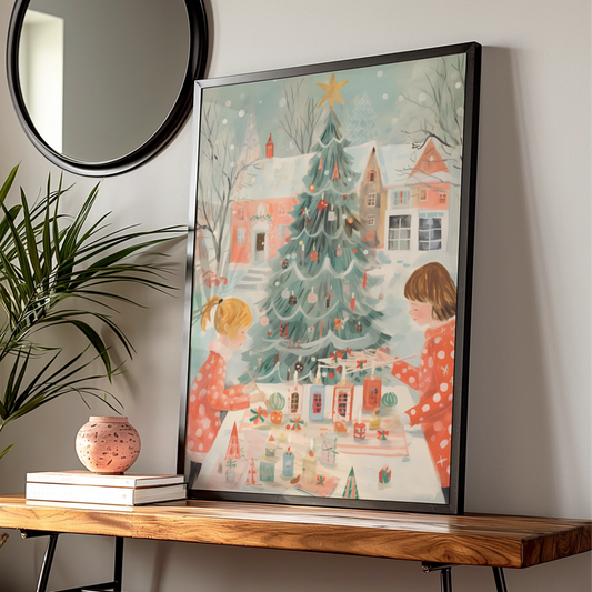 Christmas Poster, Children Decorating Tree, Vintage Festive Wall Art, Retro Holiday Print
