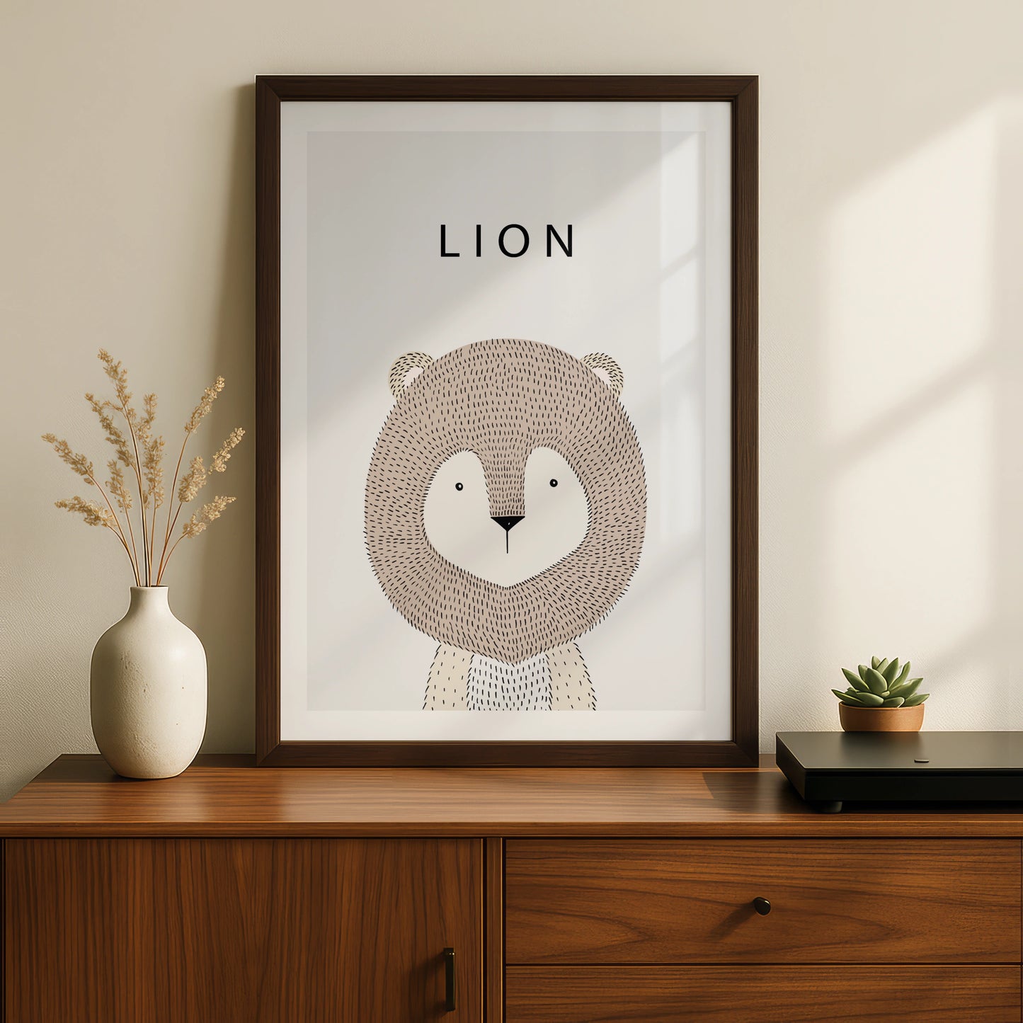 Lion Nursery Poster, Cute Animal Print, Minimalist Kids Wall Art, Neutral Beige Scandi Decor