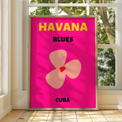Havana Cuba Travel Poster, Retro Wall Art, Bold Floral Print, Bright Pink Caribbean Decor