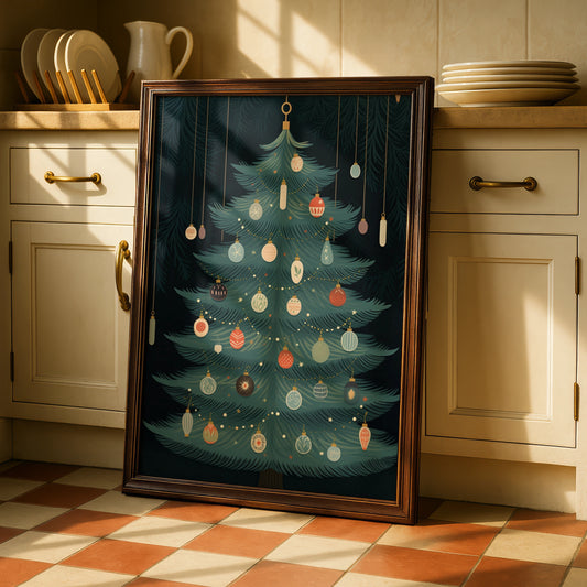 Christmas Tree Poster, Festive Baubles Wall Art, Vintage Holiday Print, Dark Green Xmas Decor