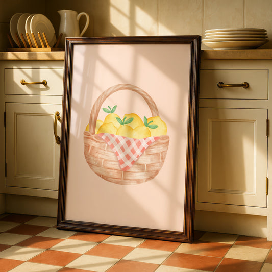 Lemon Basket Maximalist Poster, Fruit Kitchen Wall Art, Boho Cottagecore Print, Peach Gingham