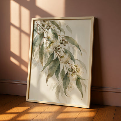 Eucalyptus Blossom Print, Australian Botanical Wall Art, Watercolour Gum Leaves Poster