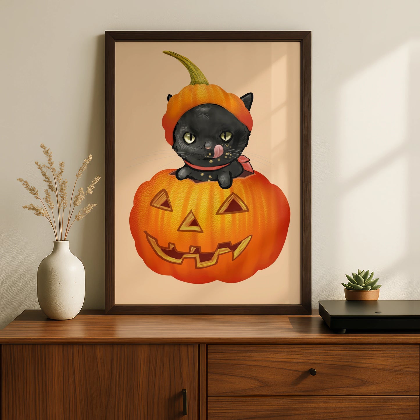 Halloween Black Cat Pumpkin Poster, Jack-o-Lantern Wall Art, Cute Spooky Cat Print