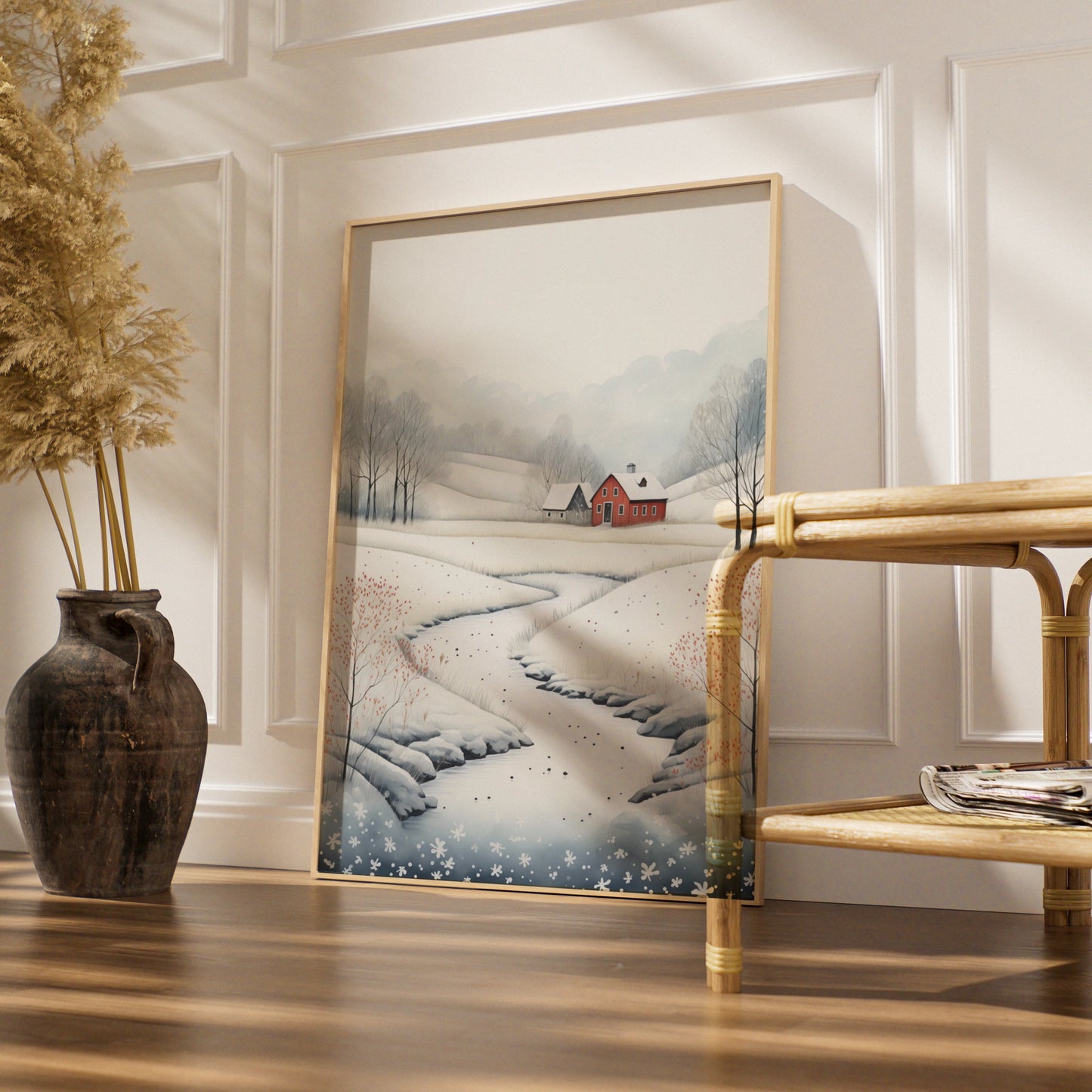 Christmas Winter Landscape Poster, Snowy Red Farmhouse Wall Art, Scandi Style Xmas Print