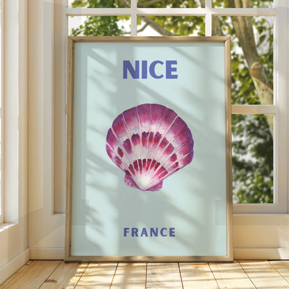 Nice France Travel Poster, French Riviera Wall Art, Coastal Seashell Print