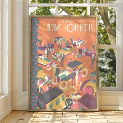 New Yorker 1927 Art Deco Poster, Vintage NYC Traffic Cover Print, Retro Wall Art