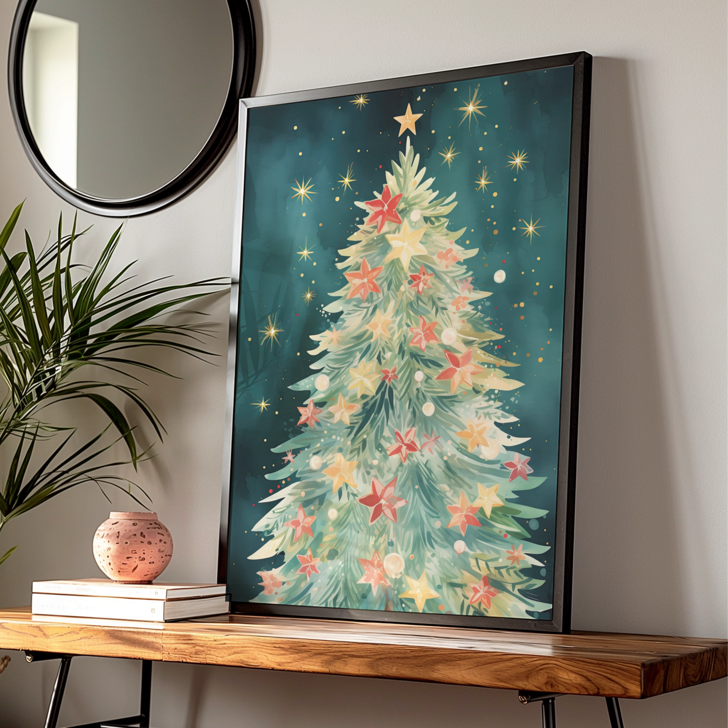 Christmas Tree Poster, Watercolour Festive Wall Art, Teal Gold Star Print, Holiday Decor
