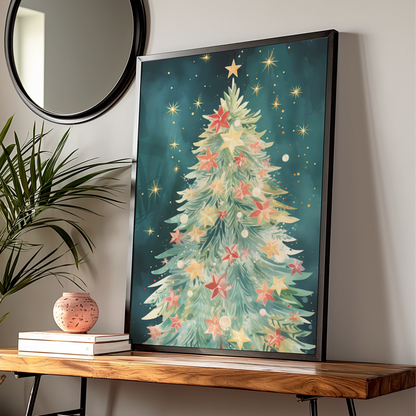 Christmas Tree Poster, Watercolour Festive Wall Art, Teal Gold Star Print, Holiday Decor