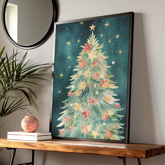 Christmas Tree Poster, Watercolour Festive Wall Art, Teal Gold Star Print, Holiday Decor