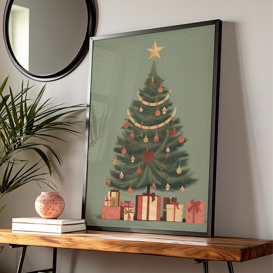 Vintage Christmas Tree Poster, Retro Xmas Wall Art, Red Green Festive Print, Holiday Home Decor