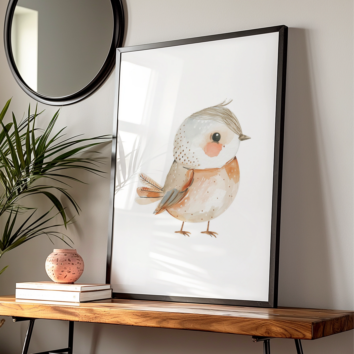 Nursery Bird Wall Art, Cute Watercolour Robin Poster, Baby Room Boho Neutral Decor Print