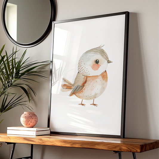 Nursery Bird Wall Art, Cute Watercolour Robin Poster, Baby Room Boho Neutral Decor Print