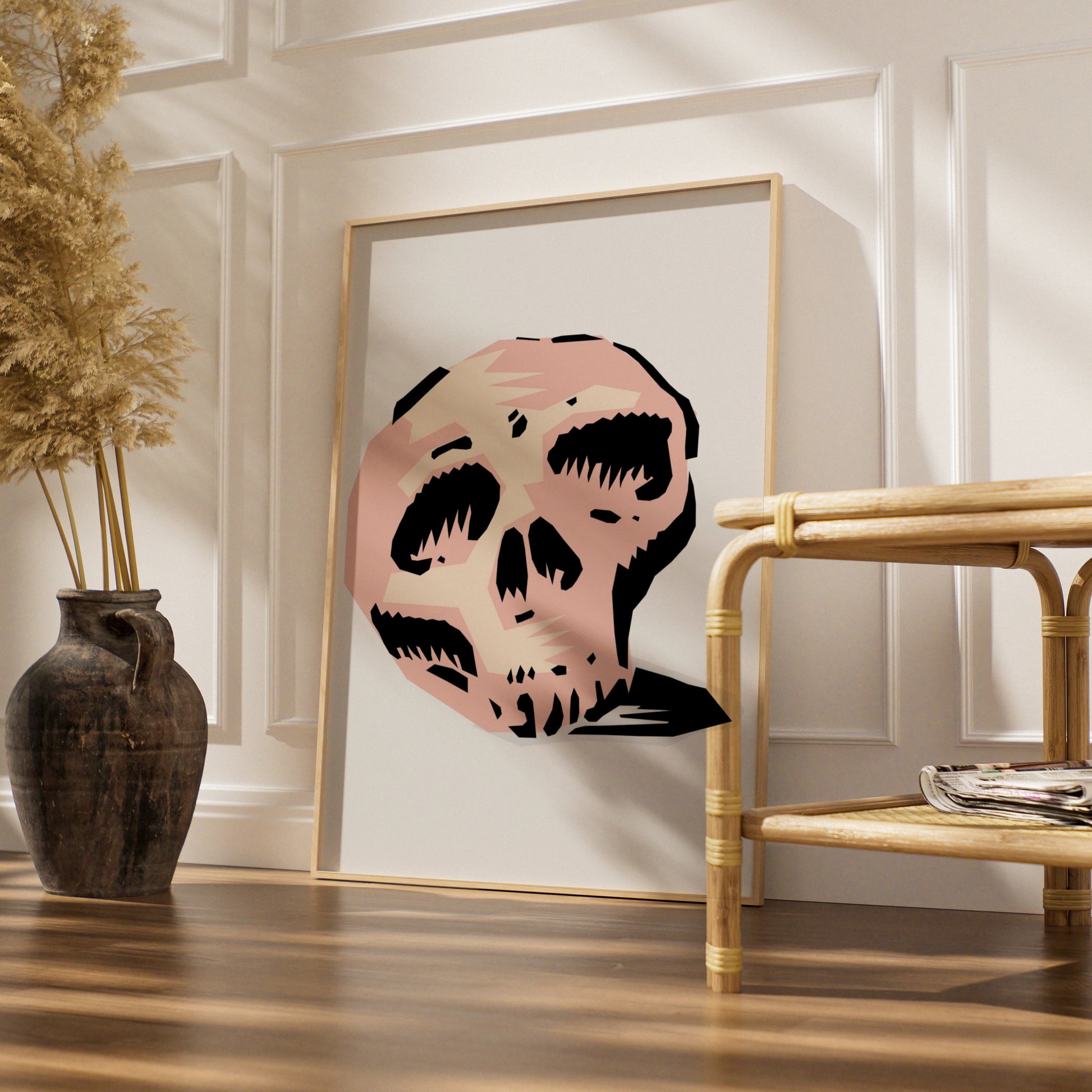 Halloween Skull Poster, Spooky Skull Wall Art, Pink Black Graphic Horror Print, Gothic Decor