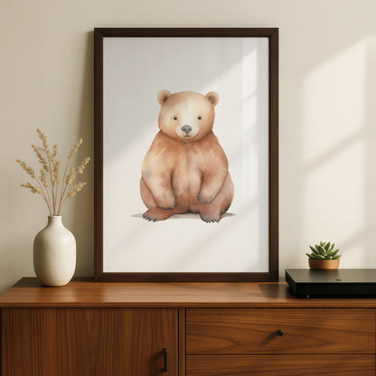 Nursery Wall Art Brown Bear Print, Watercolour Baby Bear Poster, Woodland Nursery Decor