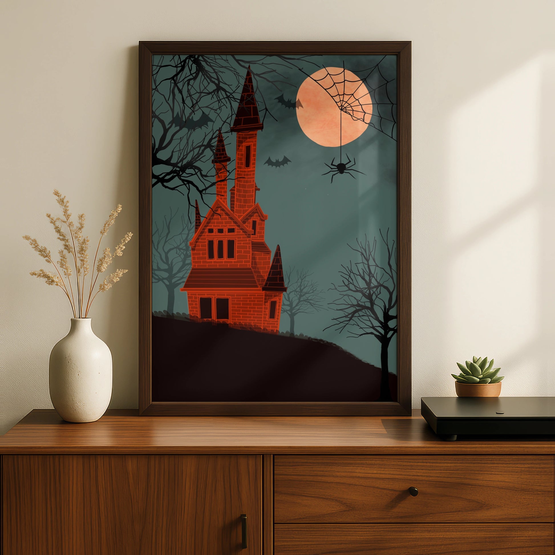 Halloween Haunted Castle Poster, Spooky House Wall Art, Bats Spider Moon Print