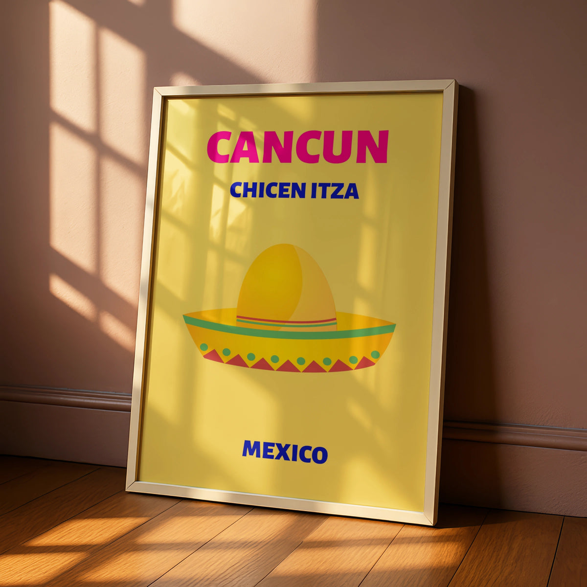 Cancun Mexico Travel Poster, Chichen Itza Wall Art, Retro Mexican Print, Bold Colourful Decor