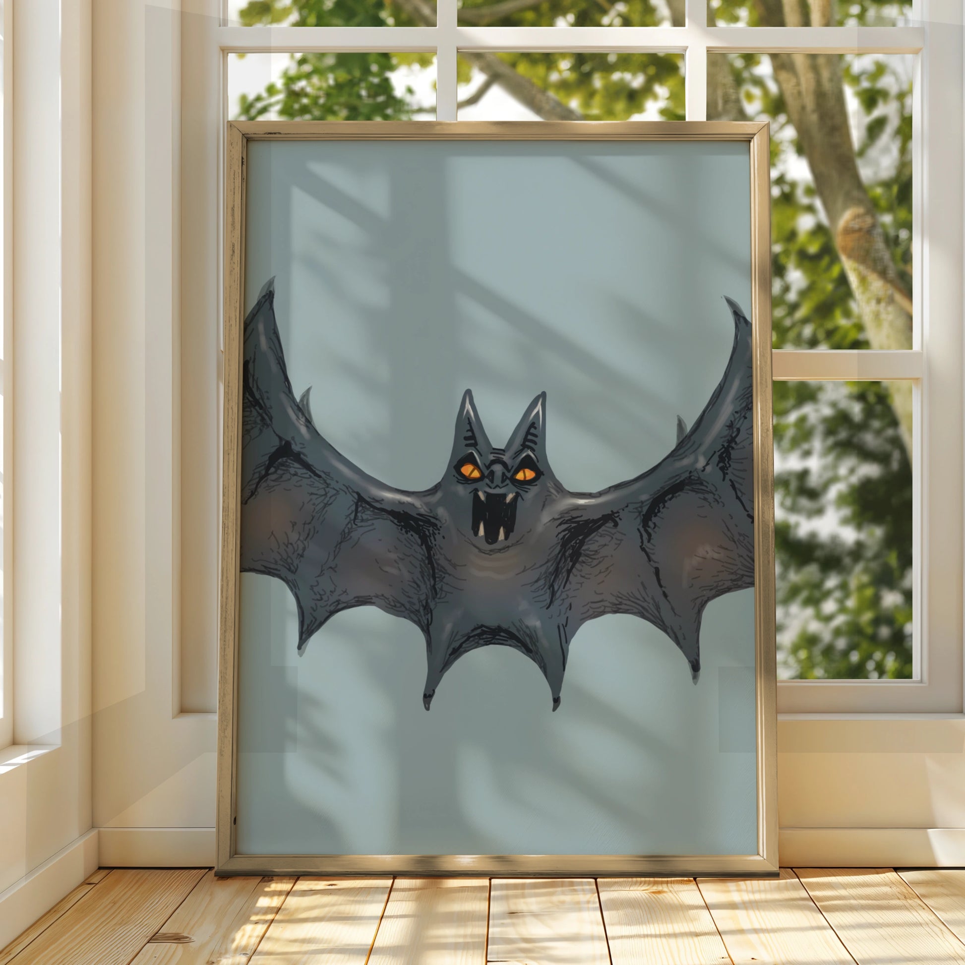 Halloween Bat Wall Art, Spooky Bat Poster, Gothic Horror Print, Orange Eyes Dark Creature
