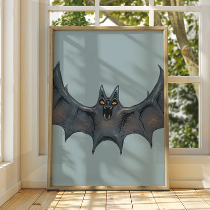 Halloween Bat Wall Art, Spooky Bat Poster, Gothic Horror Print, Orange Eyes Dark Creature
