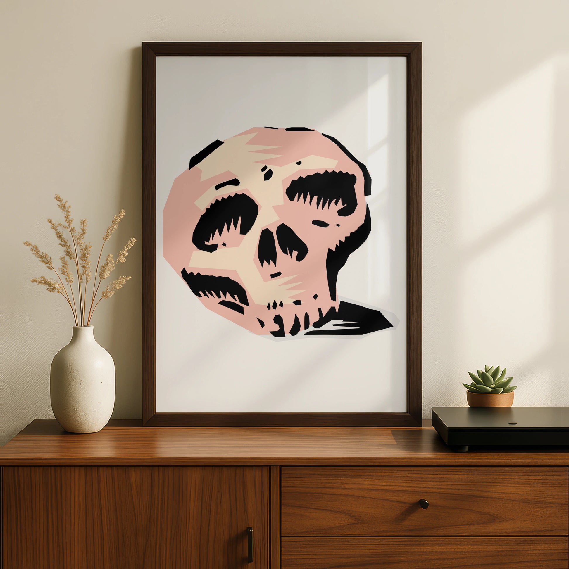 Halloween Skull Poster, Spooky Skull Wall Art, Pink Black Graphic Horror Print, Gothic Decor