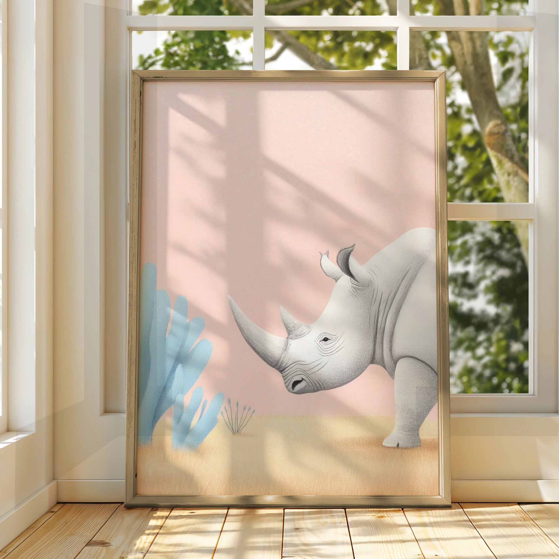 Rhino Nursery Wall Art, Safari Animal Print, Pastel Pink Kids Room Poster, Baby Decor