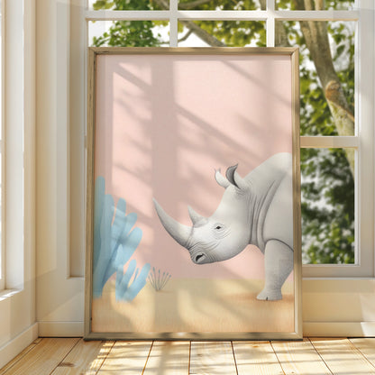 Rhino Nursery Wall Art, Safari Animal Print, Pastel Pink Kids Room Poster, Baby Decor
