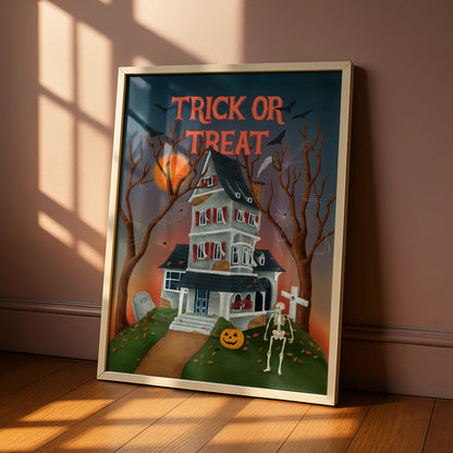 Trick Or Treat Halloween Poster, Haunted House Wall Art, Skeleton Pumpkin Print